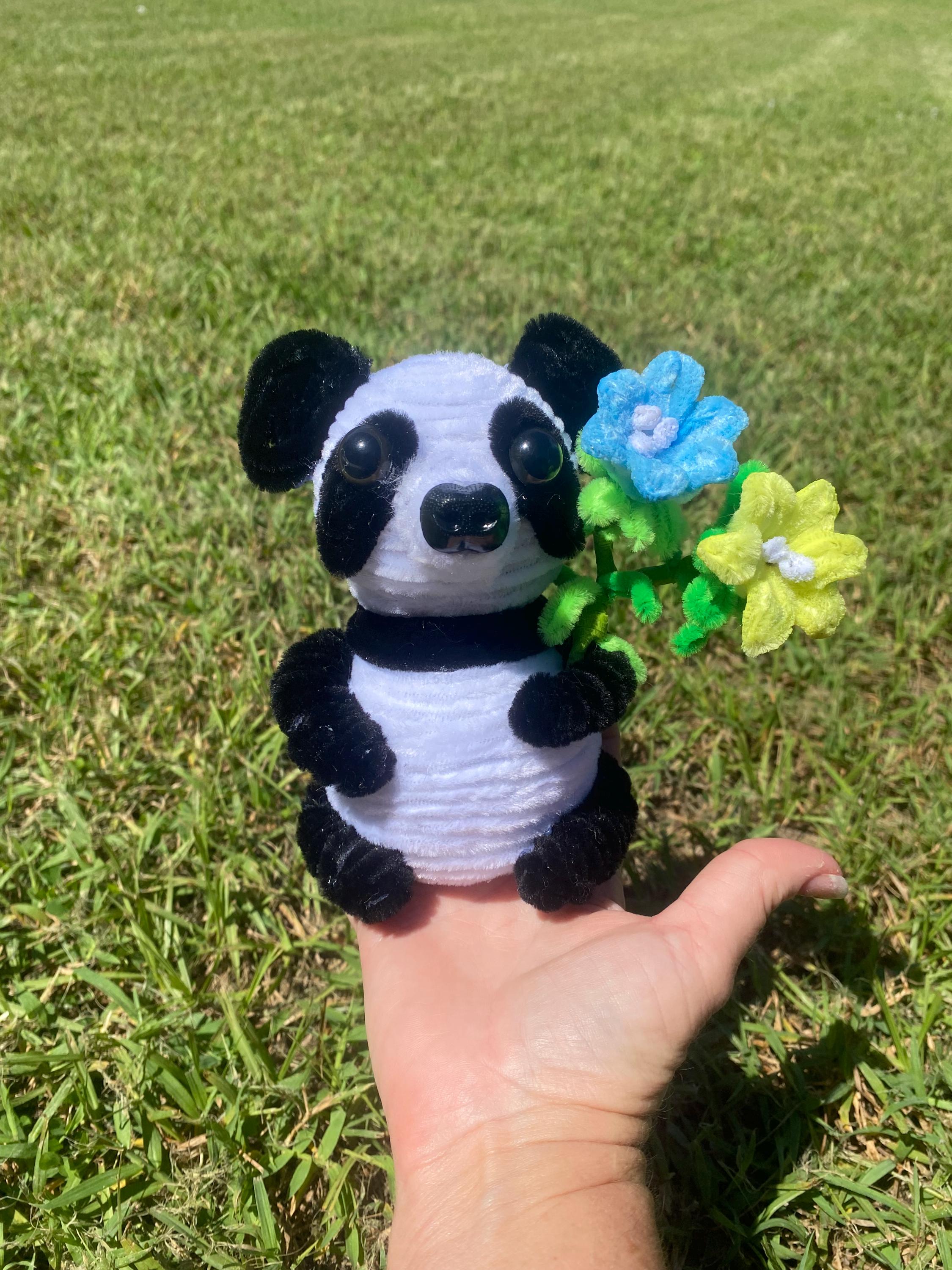 Fuzzy Panda Bear Pipe Cleaner Animal Sculpture Handmade Artificial