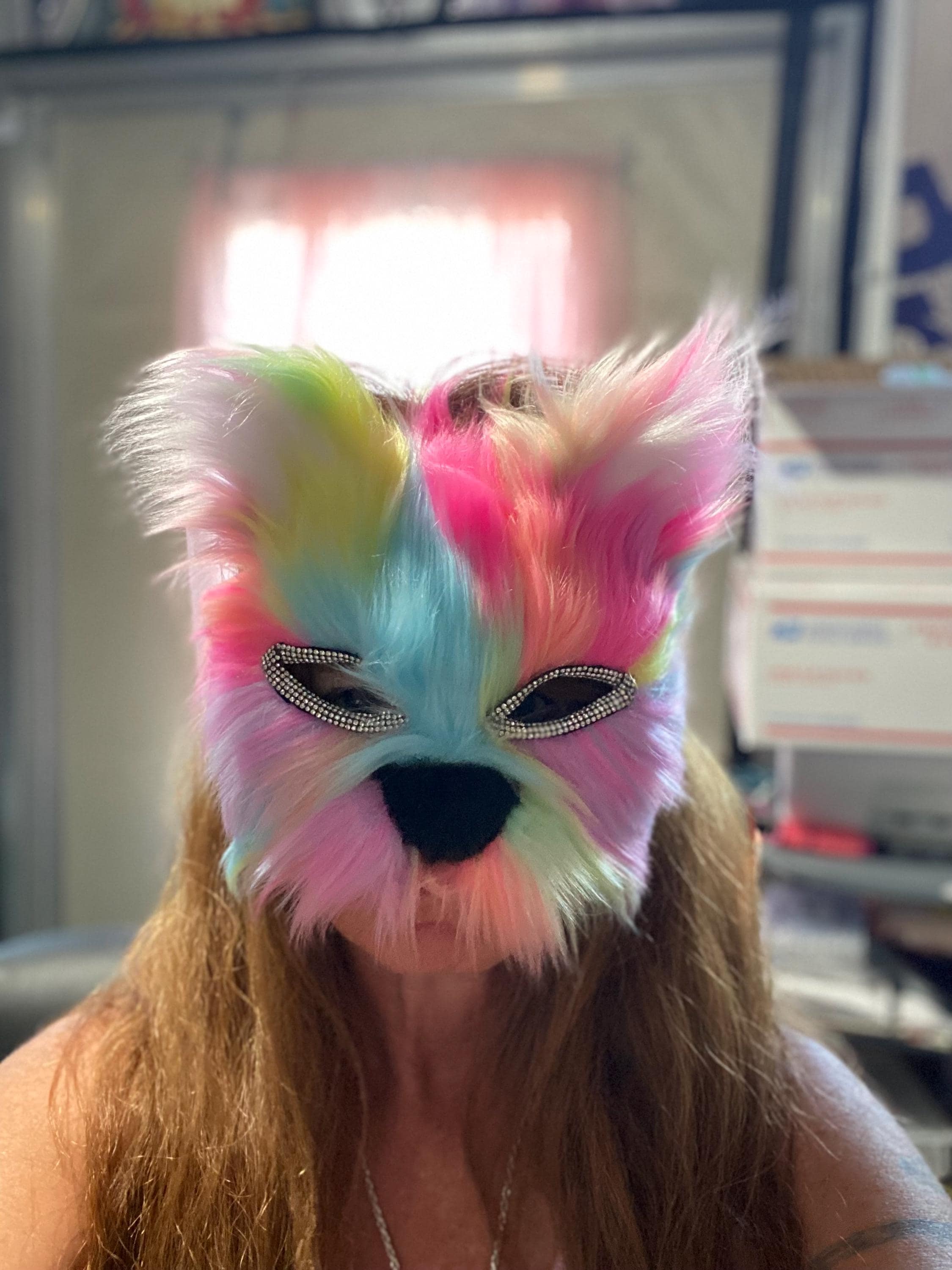 Faux Fur Mask Soft Mardi Gras Cosplay Masquerade Rainbow Black Cat Face ...
