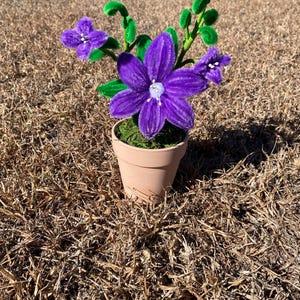 May include: A small terracotta pot holds a vibrant, handmade flower arrangement. The arrangement features plush, deep purple flowers with white centers, complemented by green leaves and stems. The pot sits on a bed of green moss.