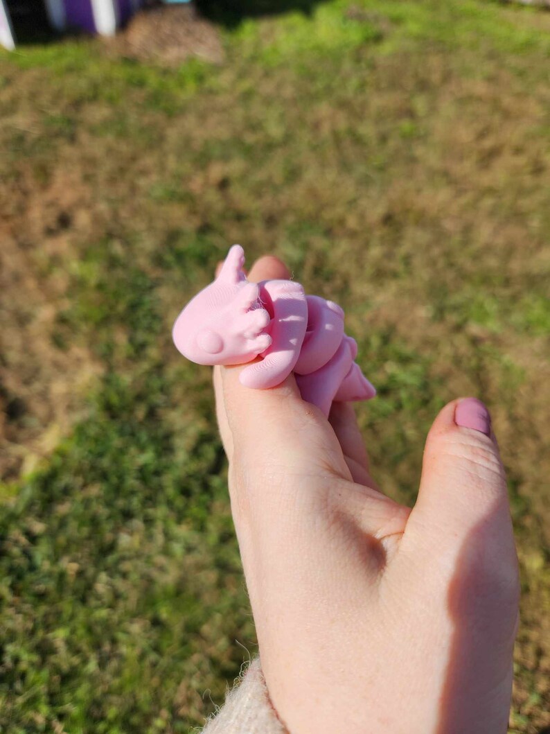 May include: A pink, 3D printed, curled up, cartoon-like creature with a pointed head and a tail. The creature is being held in a person's hand.