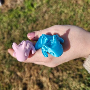 May include: Two small, 3D printed figurines. One is blue and the other is pink. The figurines are in the shape of dragons.