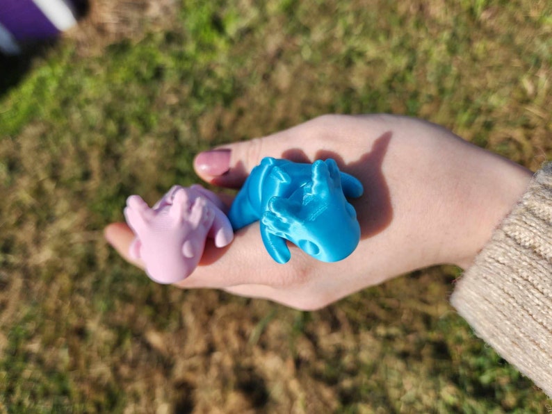 May include: Two small, 3D printed figurines. One is blue and the other is pink. The figurines are in the shape of dragons.