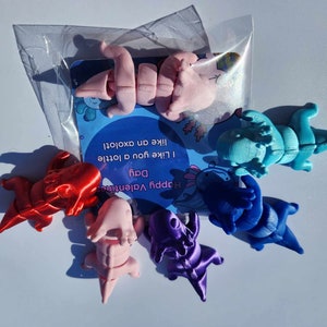 May include: A set of six colorful axolotl figurines in a clear plastic bag. The figurines are in various poses and are made of a smooth, glossy material. The bag also contains a Valentine's Day card with the text "Happy Valentine's Day. I like you a lottie like an axolotl."