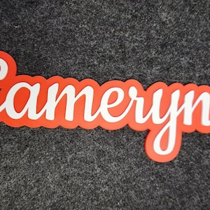 May include: A custom name sign featuring the name Cameryn in a white cursive script font. The lettering is layered over a solid orange background that follows the contour of the letters, creating a bold, high-contrast decorative name plaque.