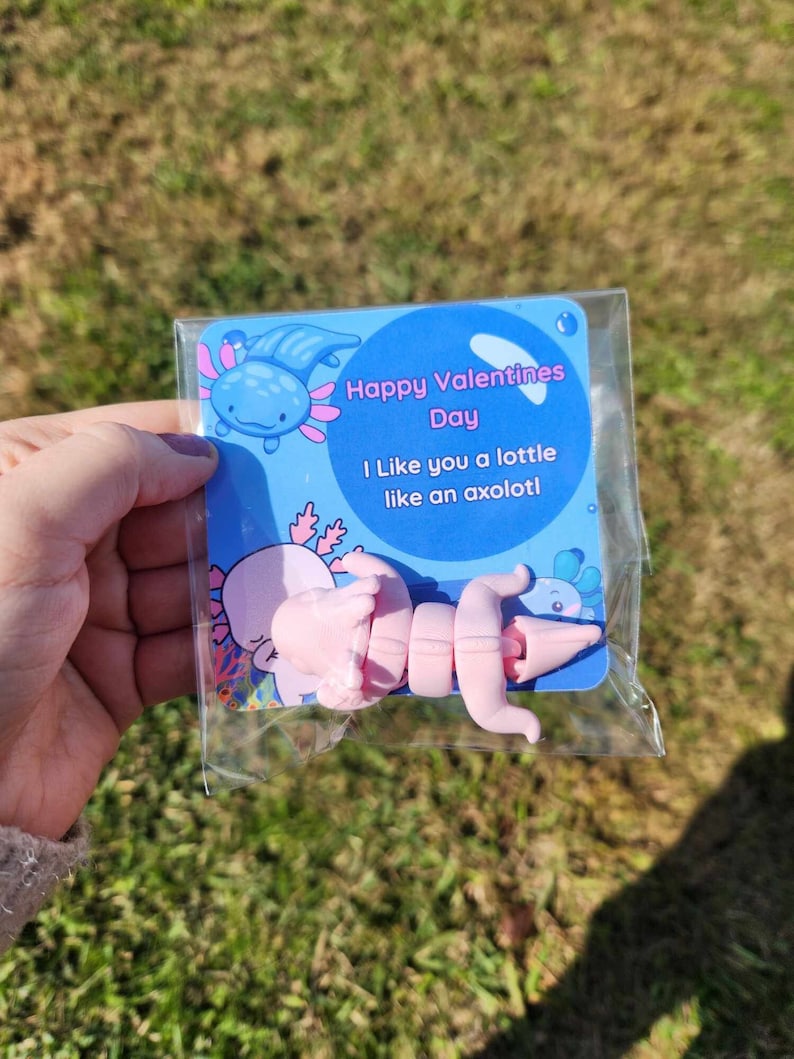 May include: A pink axolotl figurine with a Valentine's Day card that says "Happy Valentines Day I like you a lottle like an axolotl".