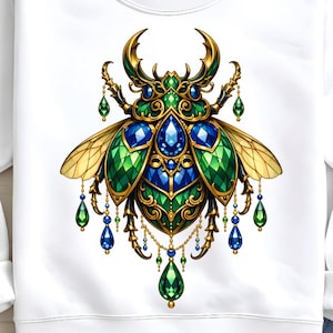 Ornate Jeweled Beetle PNG, emerald sapphire bug design, vintage gothic aesthetic PNG, detailed scarab illustration (Digital Download)