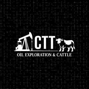 May include: White logo on a black background. The logo includes an oil derrick, the letters "CTT", and a silhouette of a bull. The text "OIL EXPLORATION & CATTLE" is below the letters.