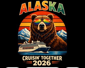 Crociera in Alaska 2026 PNG / Crociera con orsi PNG Design retrò di viaggio in montagna al tramonto / Clipart per maglietta da vacanza "Cruisin Together" per sublimazione