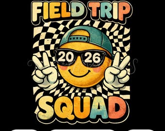 Squadra Gita Scolastica 2026 PNG / Smiley retrò PNG Pace a scacchi Design Gita Scolastica / ClipArt Sublimazione Maglietta Festa Classe Groovy