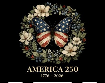 America 250 PNG / USA 1776–2026 PNG Design di ghirlanda di farfalle patriottiche / ClipArt floreale con bandiera americana vintage per sublimazione