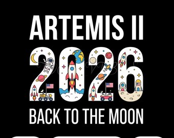 Artemis II 2026 PNG / Ritorno alla Luna PNG Simpatico design di astronauta con razzo / Clipart di astronomia a cartoni animati per sublimazione di missioni spaziali