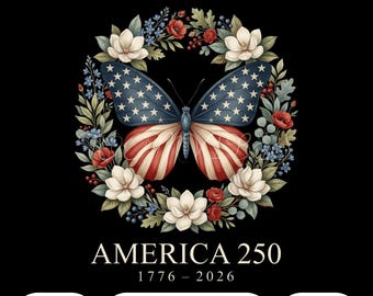America 250 PNG / USA 1776–2026 PNG Design patriottico con farfalle e ghirlanda floreale / Bandiera americana vintage per l'anniversario (sublimazione)