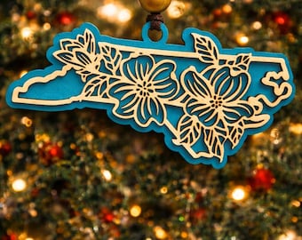 North Carolina State Ornament – Layered Dogwood Design | Wood Ornament | Multiple Colors Available