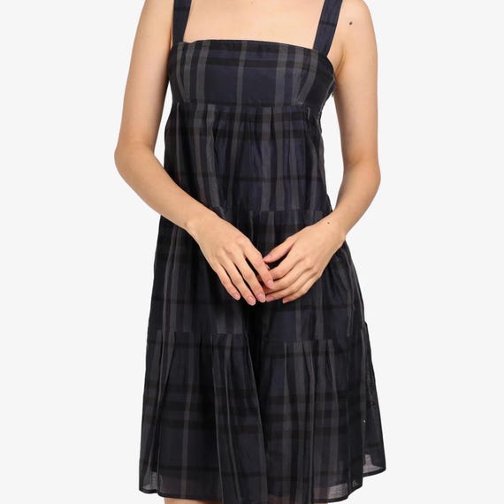 Authentic Burberry Navy Gray Silk Cotton Check Sleeveless Mini
