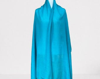 Sue & Kashmiere, turquoise cashmere + silk shawl with raw edges.