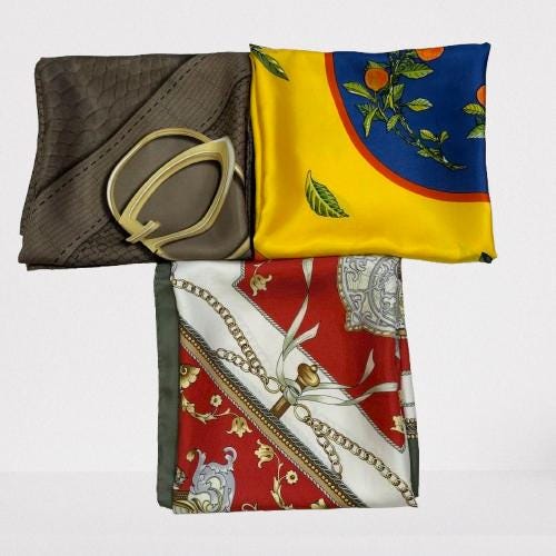 Foulard En Soie Vintage BAYRON - 85x87 Cm - Couleur Marron & Ivoire - Occasion