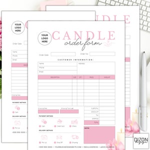 May include: A pink and white printable candle order form with a floral design. The form includes sections for customer information, order details, payment method, and delivery method. It also includes a section for notes.