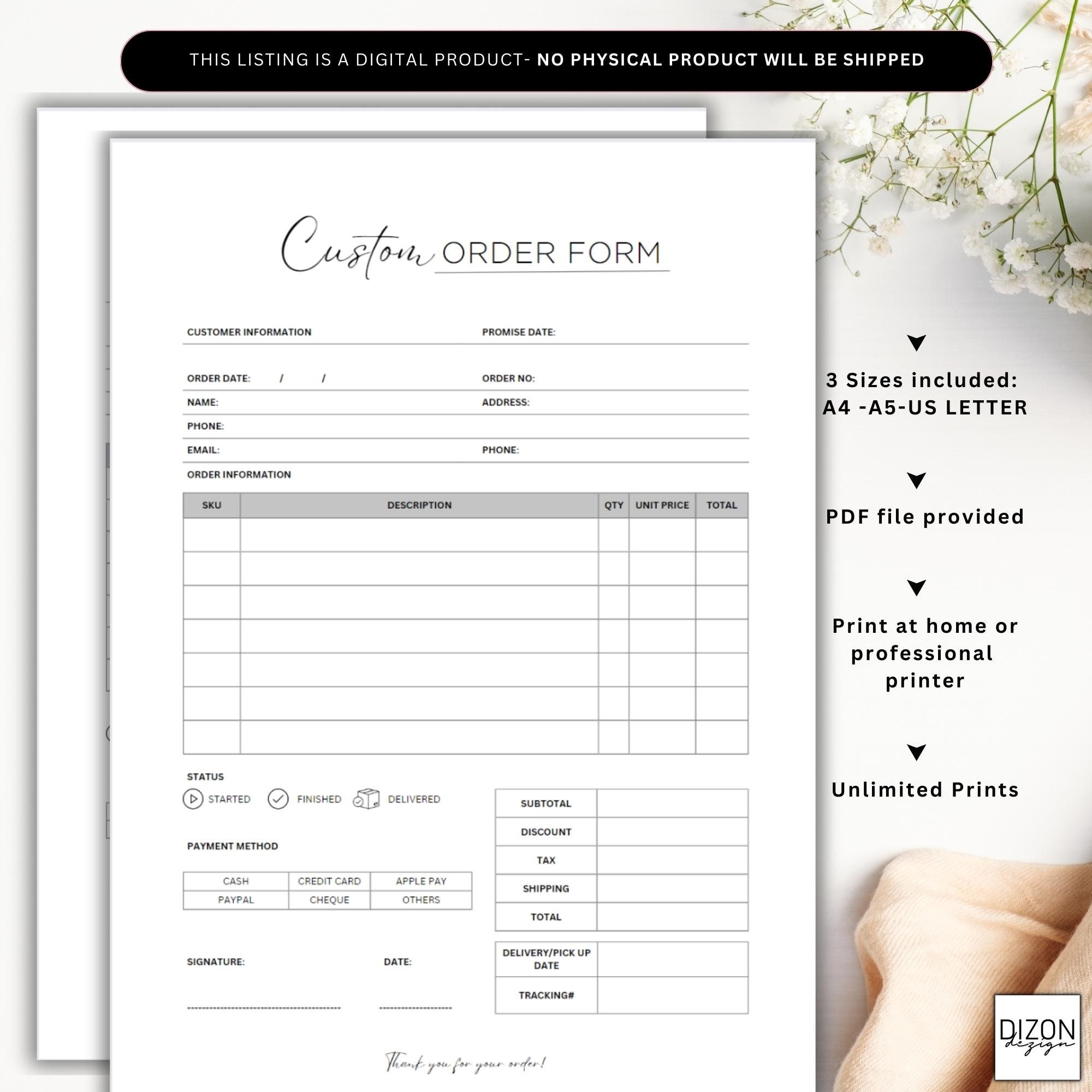 Printable Custom Order Form Template, Small Business (PDF) - Etsy