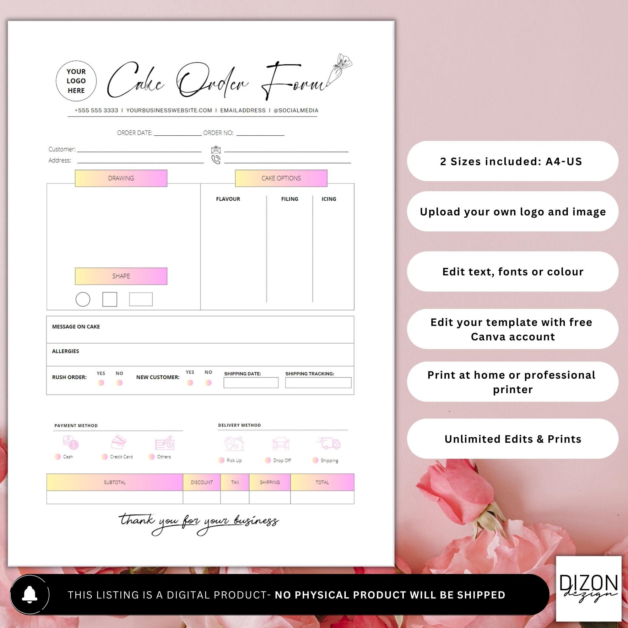 Editable Cake Order Form Template | Printable | Customizable Small ...