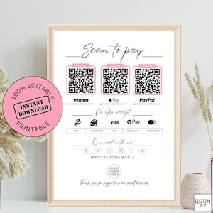 Bearbeitbares Scan to Pay Zeichen QR Code Zeichen Vorlage Canva, druckbare Zahlungs Zeichen, Akzeptierte Zahlungen Zeichen, Cash App Venmo Zeichen Anpassbar