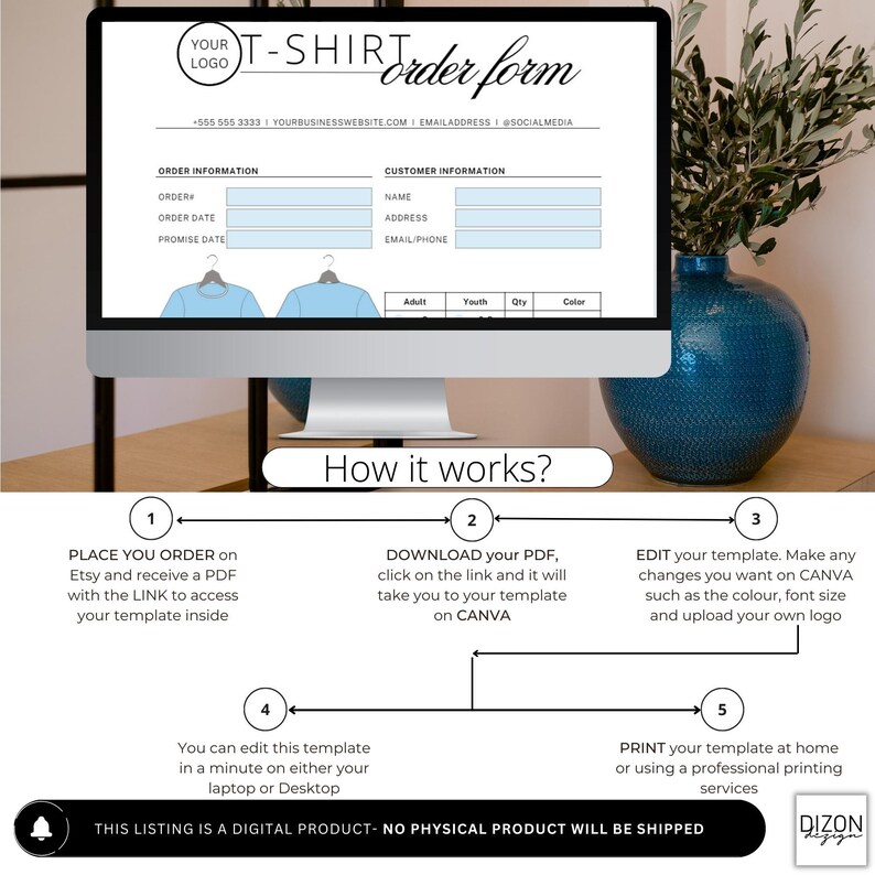 Editable T-shirt Order Form Template, Blue Printable Small Business ...