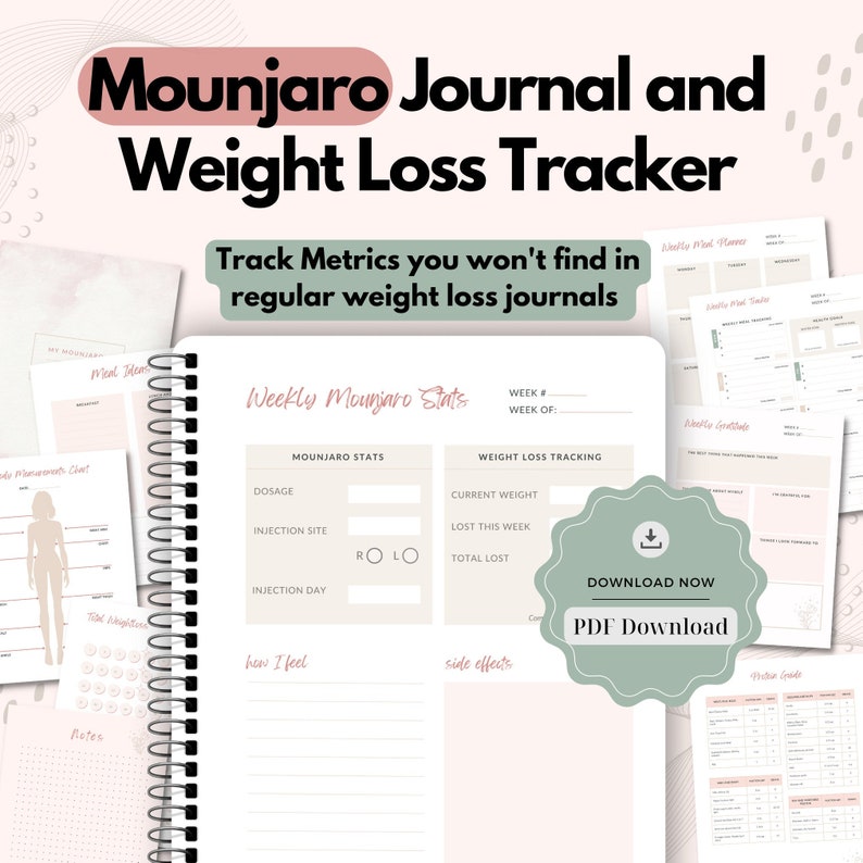 May include: A printable Mounjaro Journal and Weight Loss Tracker with a pink and green colour scheme. The journal includes sections for tracking dosage, injection site, injection day, how you feel, side effects, current weight, lost this week, and total lost. The journal also includes a weekly meal planner, weekly food tracker, weekly gratitude log, and a weekly mood guide.