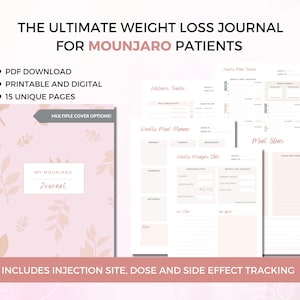 Mounjaro gewichtsverliestracker pdf, gewichtsverliesdagboek, fitnessplanner afdrukbaar, gewichtsverliesgrafiek, doeltracker, maaltijdplanning