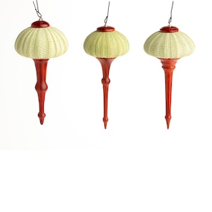 Christmas Ornament – Redheart Wood Spindle with Green Sea Urchin Shell, Handcrafted Holiday Decoration