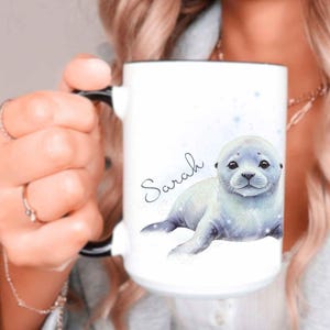 Taza personalizada con sello: taza de café con diseño de león marino en acuarela, esmaltada o de vidrio.
