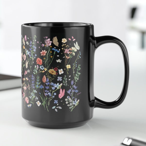 Pressed Flowers Mug, Floral Black Mug gift for mom, Magic Color Changing, Wildflowers mug, Cute botanical tea cup