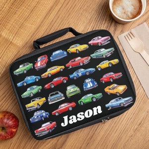 Boîte à lunch pour voiture, sac fourre-tout isotherme pour voiture classique personnalisé, cadeau pour fils ou neveu, sac à lunch personnalisé avec nom pour enfants, boîte à lunch d'école de garçons