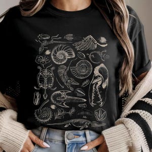Paleontology Shirt, Dinosaur tshirt women, Paleontologist gift for him or her, Fossil tee with Trilobite Ammonite Skeleton for Science lover