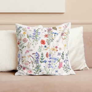 Funda de almohada con flores silvestres, funda de almohada con flores de primavera, cojín decorativo con flores prensadas, funda botánica, Boho Meadow Cottage Home
