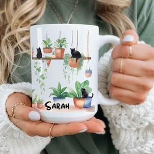Taza personalizada de gatos y plantas: vaso para amantes de las plantas de interior, regalo ideal para mamás o papás de las plantas.