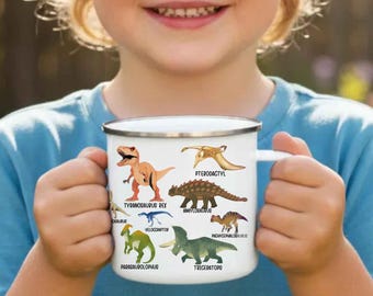 Taza de esmalte de dinosaurio: Taza para amantes de los dinosaurios, identificación de animales prehistóricos, regalo de paleontología