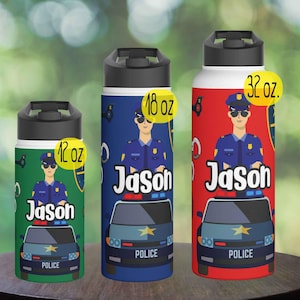 Personalized Police Water Bottle: Policeman Waterbottle, Stainless Steel Cop Gift for Kids