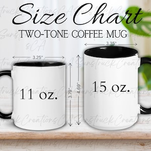 Maqueta de taza de dos tonos, tabla de tallas de tazas, maqueta de taza de café con acento, maqueta de taza monodosis de 11 oz y 15 oz, descarga digital