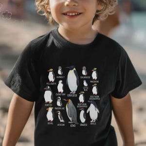 May include: A black short-sleeved t-shirt featuring a graphic print of various penguin species. The design includes illustrations of penguins labelled with names such as Emperor, King, Adélie, Chinstrap, Gentoo, Macaroni, and others in white text.