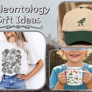 May include: A collection of items labeled Paleontology Gift Ideas including a white t-shirt with black fossil illustrations, a beige and dark green baseball cap with a T-Rex embroidery, and a white enamel mug featuring colorful dinosaur graphics.