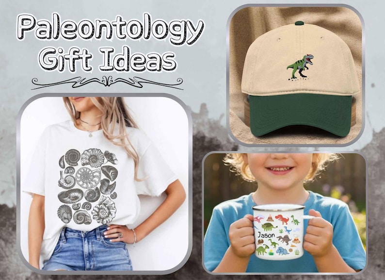 May include: A collection of items labeled Paleontology Gift Ideas including a white t-shirt with black fossil illustrations, a beige and dark green baseball cap with a T-Rex embroidery, and a white enamel mug featuring colorful dinosaur graphics.