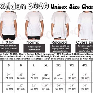 May include: A Gildan 5000 unisex size chart featuring four white t-shirt fit styles: fitted, normal, relaxed, and oversized. The image includes a detailed table listing body length and chest width measurements in inches and centimetres for sizes S to 5XL.