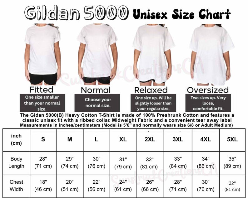 May include: A Gildan 5000 unisex size chart featuring four white t-shirt fit styles: fitted, normal, relaxed, and oversized. The image includes a detailed table listing body length and chest width measurements in inches and centimetres for sizes S to 5XL.