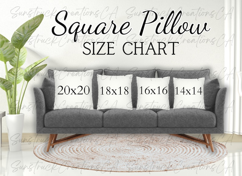 May include: A gray couch with four white square pillows. The pillows are labeled with their size in inches: 20x20, 18x18, 16x16, and 14x14. The text "Square Pillow Size Chart" is written above the pillows.