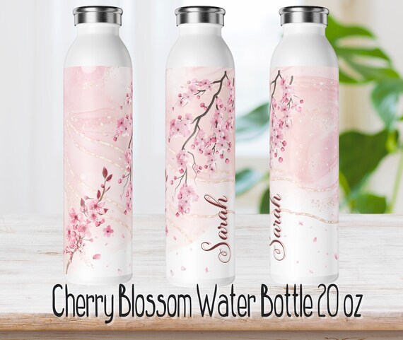 Cherry Blossom Water Bottle, Personalized Sakura Water Bottle,  Cherryblossom, Stainless Steel Slim Water Bottle, Pink Flower Travel Mug 