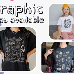 May include: Three different graphic tees featuring nature-inspired designs. The first tee is black with a white print of various sea creatures. The second tee is white with a black print of various mushrooms. The third tee is gray with a black print of various insects.