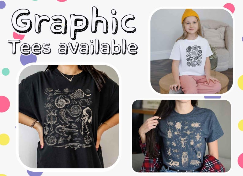 May include: Three different graphic tees featuring nature-inspired designs. The first tee is black with a white print of various sea creatures. The second tee is white with a black print of various mushrooms. The third tee is gray with a black print of various insects.