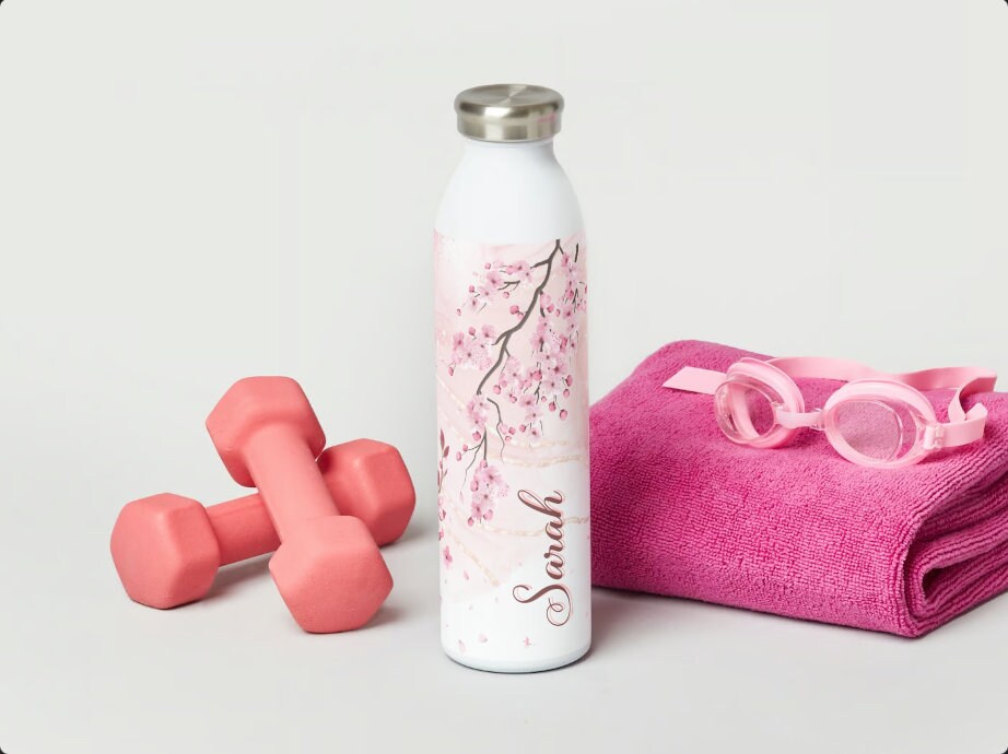 Cherry Blossom Water Bottle, Personalized Sakura Water Bottle,  Cherryblossom, Stainless Steel Slim Water Bottle, Pink Flower Travel Mug 