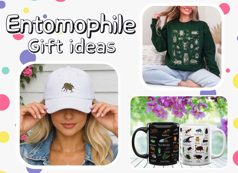 May include: A dark green sweatshirt with a white insect print, a white baseball cap featuring a small embroidered brown beetle, and two ceramic mugs, one black and one white, both decorated with a colourful grid of various insect illustrations.