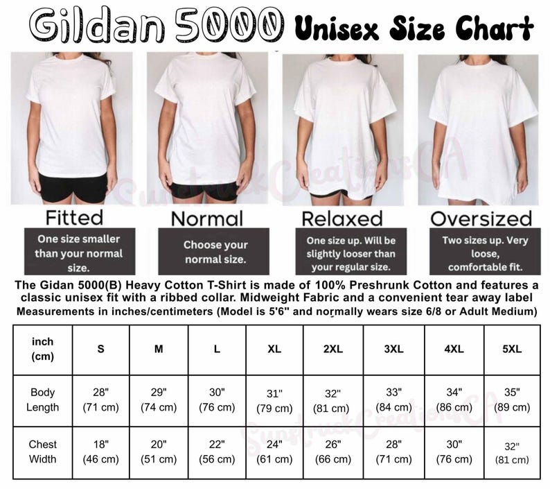 May include: A Gildan 5000 unisex size chart featuring four photos of a white t-shirt in fitted, normal, relaxed, and oversized styles. It includes a detailed table with body length and chest width measurements in inches and centimeters for sizes S to 5XL.
