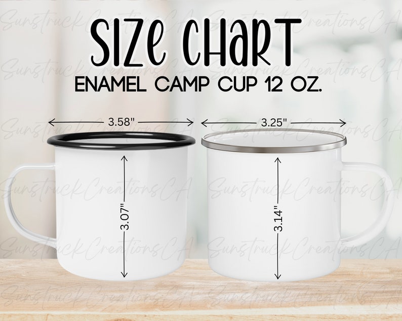 Peut inclure: Deux tasses de camping en &eacute;mail blanc avec des bords noirs et argent&eacute;s. La tasse de gauche mesure 3,58 pouces de large et 3,07 pouces de haut. La tasse de droite mesure 3,25 pouces de large et 3,14 pouces de haut.  SIZE CHART ENAMEL CAMP CUP 12 OZ.